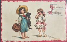 c1916 Singed Brundage #121 Halloween Postcard Young Children,Black Cat picture