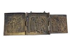 Antique Circa XIX Cent. Russian Orthodox Triptych Deesis Traveling Brass Icon picture