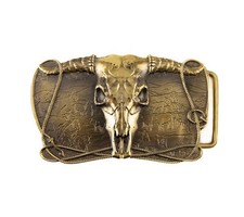 Southwestern Buffalo Skull Brass Buckle w/ English Bridle Leather Belt picture
