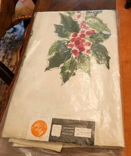 NWT 1960s Vera Neumann Belgian Linen Holly Berries Christmas 60x90 Tablecloth picture