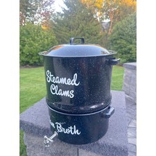 Speckled Enamel Black Double Steam Pot 16” Lobster Clam Broth Spigot - 3 Pc Set picture