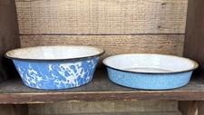(2) Graniteware Blue & White Swirl Milk Pan picture