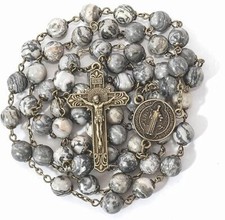 Natural Map Stone Rosary Beads Necklace St. Benedict Cross and Medal picture