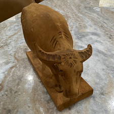 Hand-Carved Wooden Cow Figurine Sculpture Display Decor on Wooden Base picture