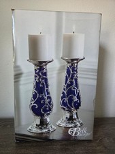 VTG Belk Cobalt Blue Glass Candle Holders Silver Plated Base Pair Set of 2 NIB picture