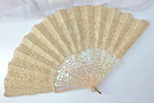Antique 19c Victorian Mother of Pearl Abalone & Lace Folding Hand Fan 11.25