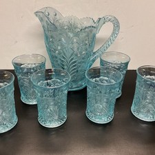 Imperial Iridescent Light Blue Glass Tiger Lily Pitcher Set picture