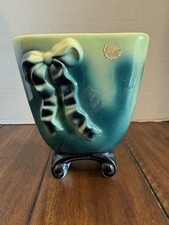  Vintage Royal Copley Ribbon & Bow Vase W/Green & Teal Glaze Raised Bow picture