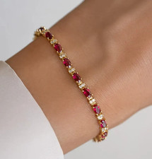 Oval-Cut Tennis Ruby Dainty Birthstone Bracelet 14K Yellow Gold Plated Gift picture
