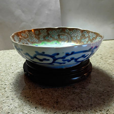 Japanes Porcelain Scalloped Rim Bowl Hand Painted w/ Wooden Stand picture