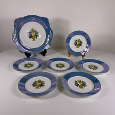 Vintage Noritake Blue Lusterware Fruit Basket Cake Stand and Plates Set picture