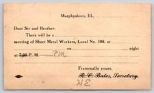 Murphysboro Illinois~Sheet Metal Workers Local 398 Meeting~HE Bates~c1914 Postal picture