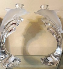 Lenox Fine Crystal Dolphin Taper Candle Holders Pair Frosted Clear Made Germany picture