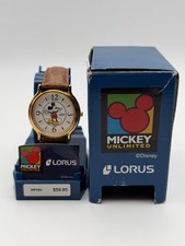Vintage Disney Mickey Mouse Lorus Watch Gold Tone w/Leather Band Needs Battery picture