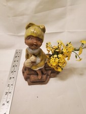Vintage Planter GIRL Sitting on log holding kitty 1970s Ceramic Planter picture