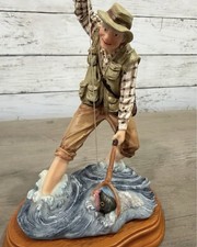 Vintage Fly Fisherman Figurine on Wooden Base - Fishing Gift for Dad picture