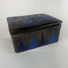 Vtg Oaxacan Pottery Box Black Clay Geometric Blue Sgraffito Ortiz Style   z3q picture