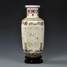 China Porcelain Famille Rose Hollow Ceramics Double-deck Flower Wooden Club Vase picture