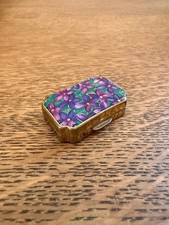 Stratton England Small Purple Floral Pill Box Enamel Metal Trinket Box picture