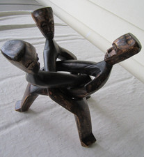 Vintage Wooden Hand Carved 3 Man Interlocking From One Piece of Wood, Folk Art picture