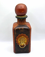 Vintage Italian Leather Wrapped Green Glass Decanter Lion Head Ring MCM Italy picture