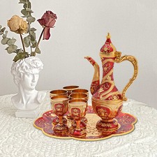 Vintage Turkish Tea Set with 6 Cups & Tray Red Gold Zinc Alloy picture