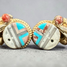 Jessica Laahty Zuni Sunface Inlay Earrings Vintage Native American Jewelry 4.7g picture