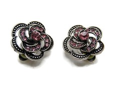 Vintage Style Pink Rhinestone Rose Flower Clip-On Earrings Gunmetal Silver Tone picture