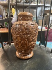 Vintage Arner's Ceramic Brown Asian Characters Urn W/ Lid. picture