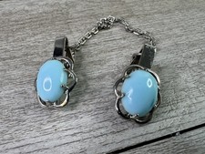 Vintage Faux Turquoise Cabochon Sweater Guard Clip Dress Cardigan Chain Silver picture