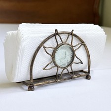 Rare HTF VTG 90s Celestial Metal Bronze Tone Glass Sun Cocktail Napkin Holder picture