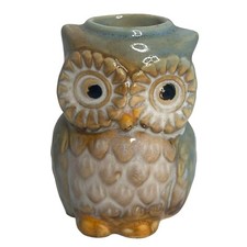 Blue Ceramic Owl Toothpick Holder Brown Accents Decorative Kitchen Charm 3” picture