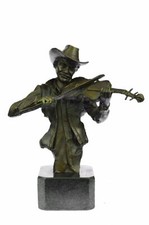 Cowboy Playing Violin Fiddle Music Bronze Sculpture Marble Statue Figurine Sale picture