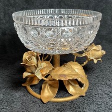 VTG Italian Florentine Crystal Candy Condiment Dish Gilt Roses Leaves picture