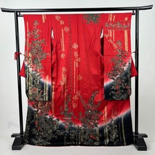 Japanese Vintage Kimono Furisode Silk Red Elegant Length 65.7in (Minor Stain) picture