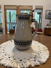 Antique German Stoneware Pitcher Pewter Lid Art Nouveau Jugendstil Cobalt Blue picture