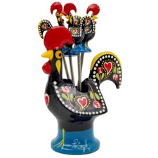 Traditional Hand-Painted Portuguese Good Luck Rooster with Appetizer Tapas Forks picture