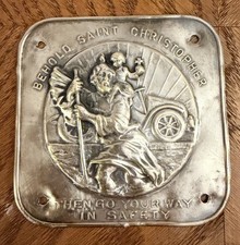 Antique 2-1/2” Travelers Saint Christopher Embossed Metal Car Dash Plaque Sign picture
