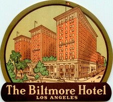 Biltmore Hotel ~LOS ANGELES CALIFORNIA~ Orig ART DECO Luggage Label, 1945 *MINT* picture