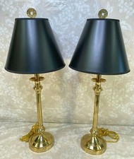 Pair of Boudoir Lamps Brass Look Bases w/ Black & Gold Shades Unbranded Work picture