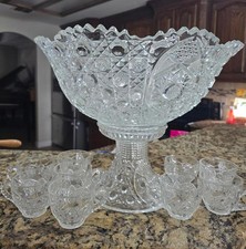 1894 EAPG Mckee Cut Glass Punch Bowl With Base & 9 Cups picture