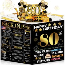 Joycard 80th Birthday Card for Women Men, 3D Pop Up Happy 80th-1946, Gold picture