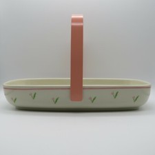 TELEFLORA 1985 Ceramic Porcelain Basket Pink Floral Design w/ Pink Metal Handle picture