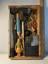 Handmade Vintage Rustic 1970s Shadow Box Curio Display Case - Antique Pencils - picture