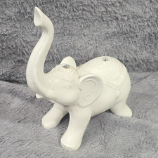White Porcelain Elephant Figurine, Raised Trunk, Rhinestone Accents, 11 in picture
