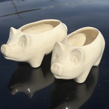 2 VTG Pig Piggy Ceramic Farmhouse Cottage Cream White Plant Planter 1950's 6