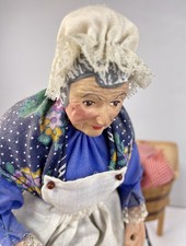 Vintage French Santon Terracotta Washer Woman Figure with Wooden Washing Tub picture