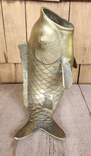 Vintage Heavy Brass Jumping Open Mouth Koi Fish Vase / Planter Sculpture 9