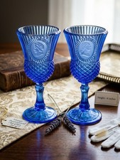 Vintage AVON Fostoria Cobalt Blue George and Martha Washington Goblets Set of 2 picture