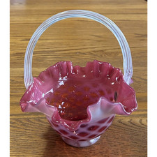 FENTON CRANBERRY OPALESCENT LATTICE BASKET 01729 CR 7 1/4